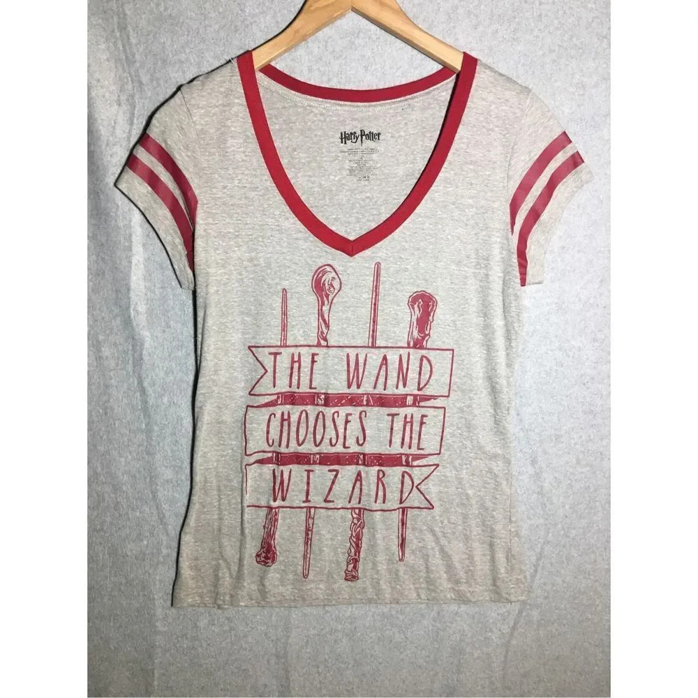 Womens Harry Potter Shirt V Neck Maroon Grey Wand Wizards Slim Fit Disney Adult